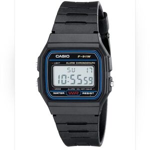 Casio F-91W Digital Watch - Black with Blue and Red Accents